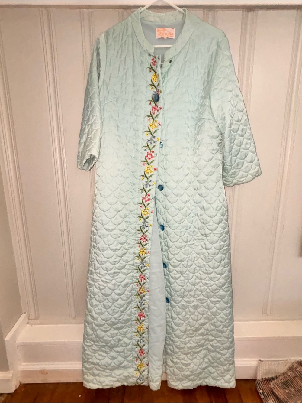 Vintage Sears at Home Wear quilted pastel blue robe floral embroidery size 12